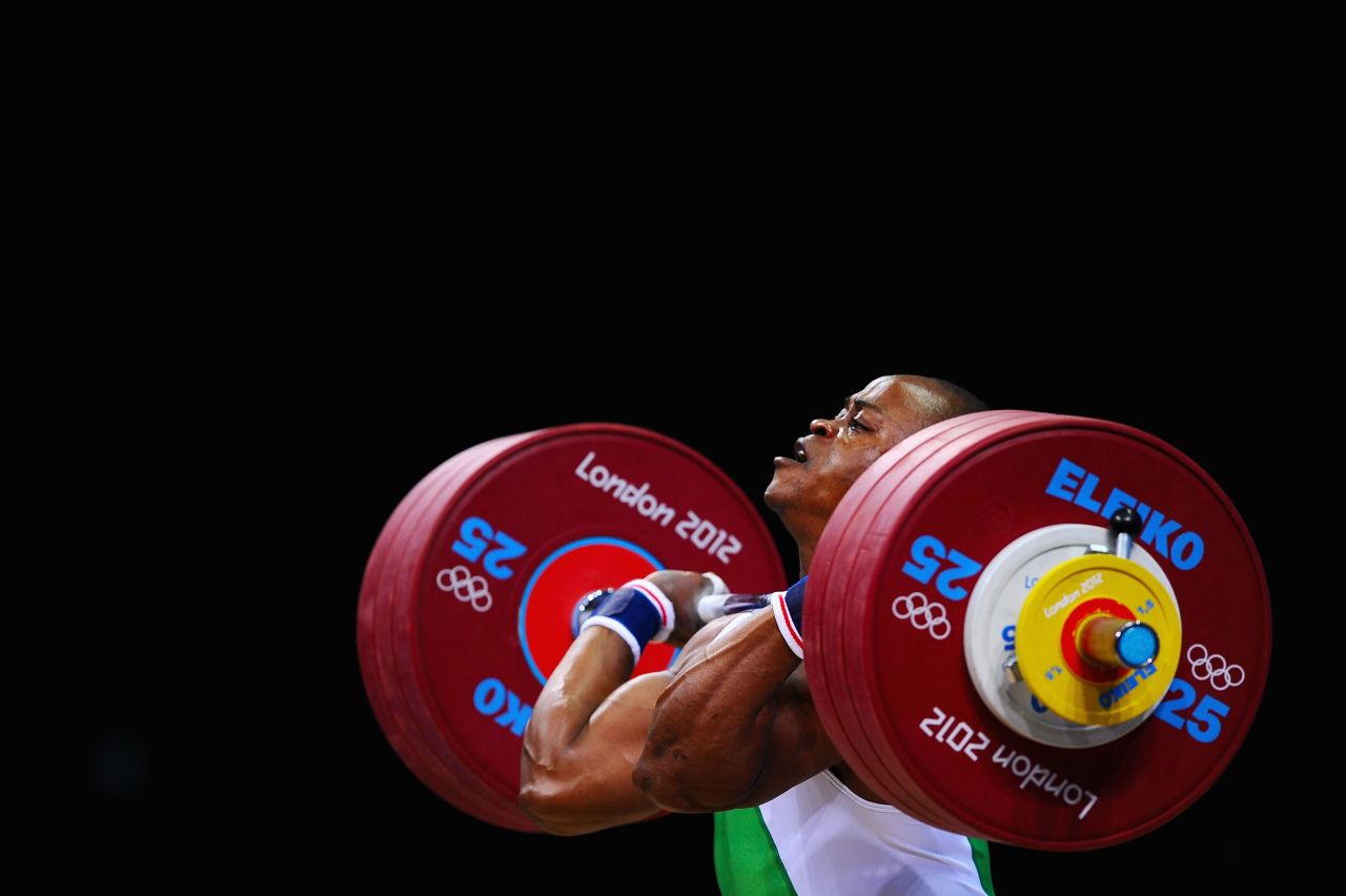 Felix Ekpo of Nigeria competes in the men's 77-kilogram weightlifting event Wednesday.