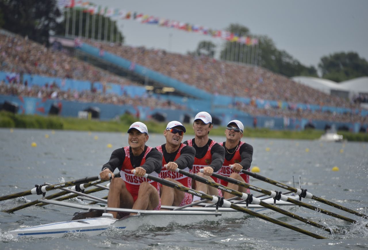 Team Russia competes in the men's quadruple sculls semifinal rowing event Wednesday.