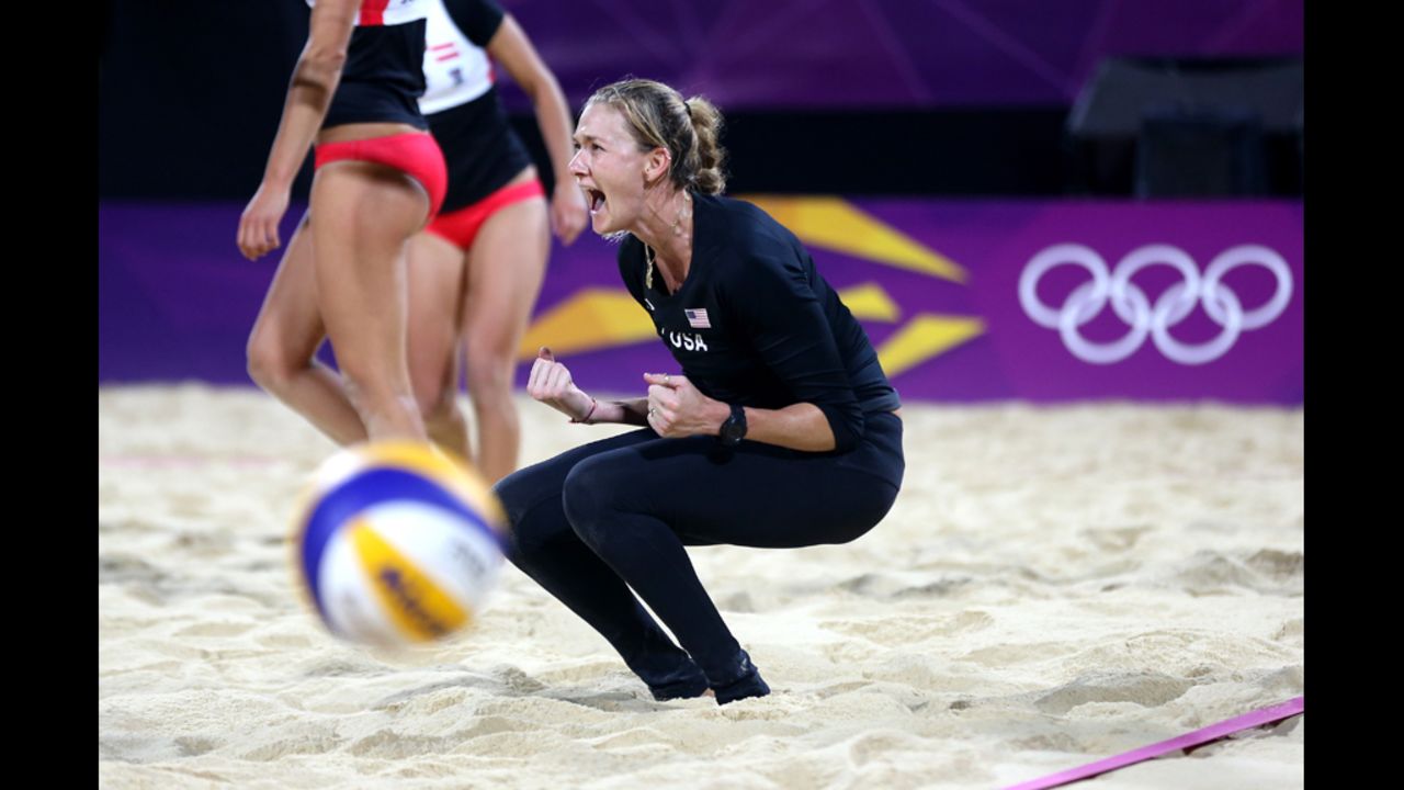 American Kerri Walsh reacts after a point during women's beach volleyball.