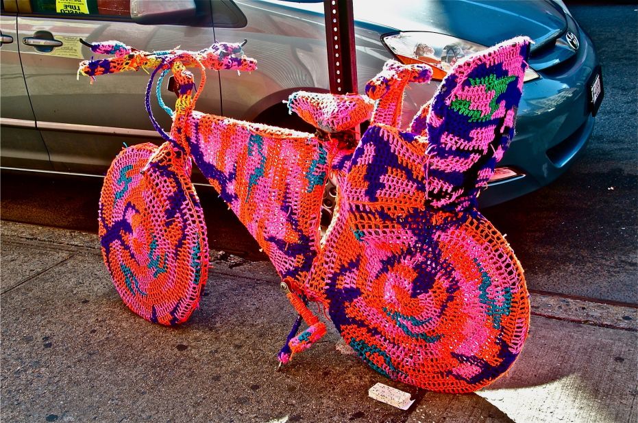 The <a href="http://ireport.cnn.com/docs/DOC-795381">crocheted bicycle</a> was a part of an art installation by a Polish artist name Agata Oleksiak, according to iReporter Lulis Leal. She captured this photograph in New York, New York.