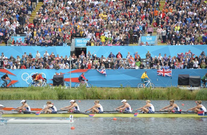 The U.S. team competes to win the gold medal in the women's eight final rowing event.