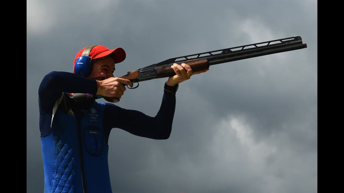 Britain's Peter Robert Russell Wilson competes in the men's double trap shooting qualification.
