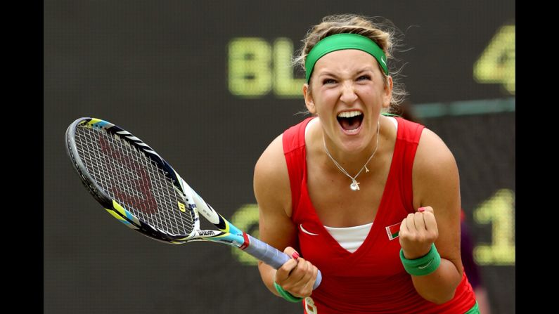 Victoria Azarenka of Belarus celebrates after winning in the women's singles tennis quarterfinals against Angelique Kerber of Germany.