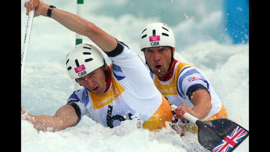 Britain's David Florence, left, and teammate Richard Hounslow compete in the men's canoe double semifinal.