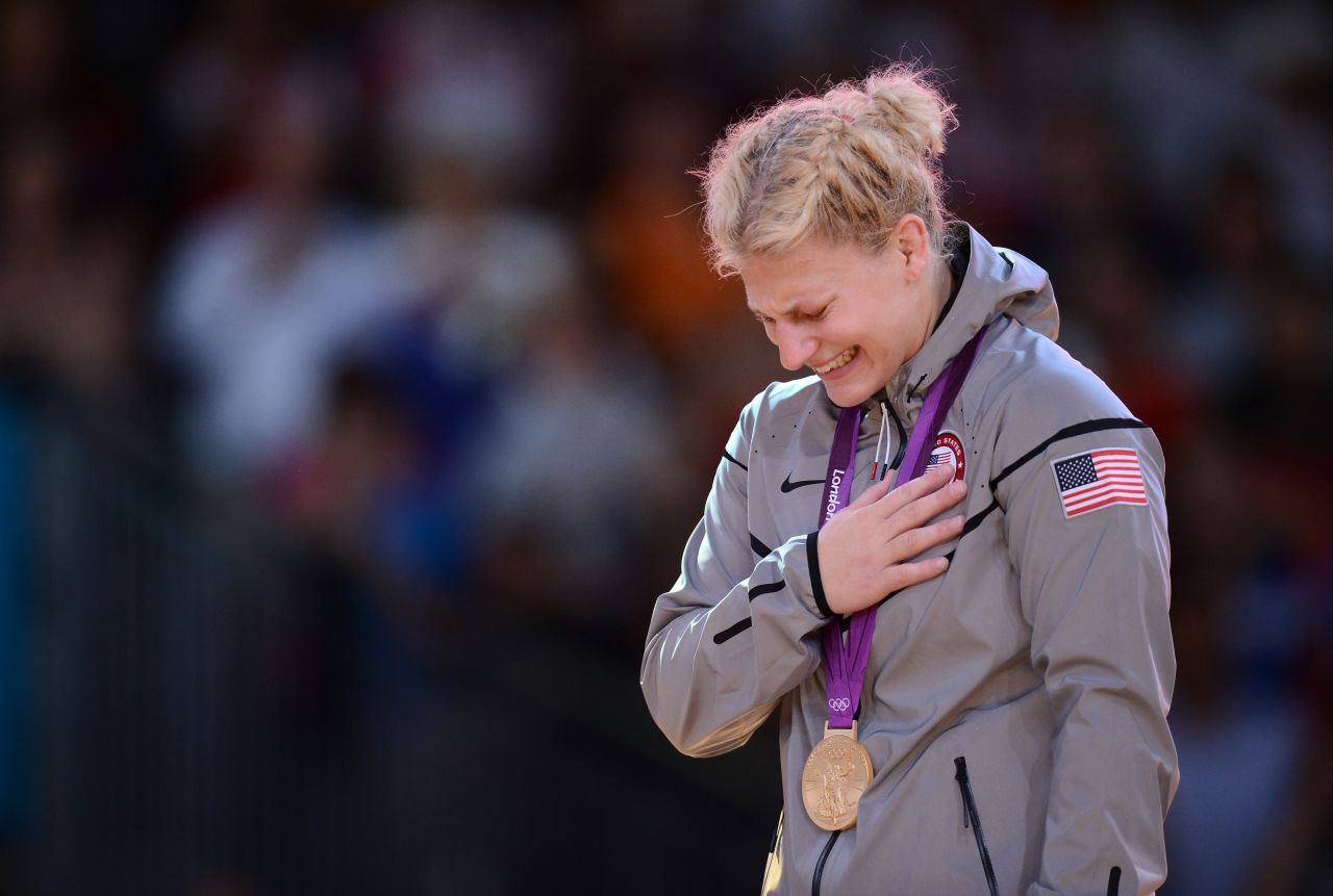 American Kayla Harrison reacts on the podium after winning the gold medal in women's judo on Thursday.