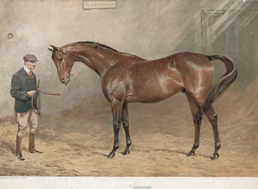 Persimmon, depicted here with his owner King Edward VI, is the first horse to be captured on film. The 1895 filming of the Epsom Derby fast became a worldwide cultural phenomenon, with thousands of people flocking to exhibitions to witness racing on film for the first time. Persimmon accumulated what would be $3.5 million in on-track prize money by modern standards.