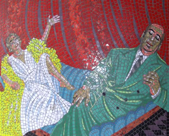 Leytonstone tube station in East London is decorated with mosaic murals featuring scenes from the life of director Alfred Hitchcock, who was born nearby, and his movies.