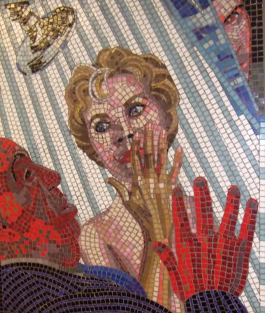 Leytonstone tube station in East London is decorated with mosaic murals featuring scenes from the life of director Alfred Hitchcock, who was born nearby, and his movies.