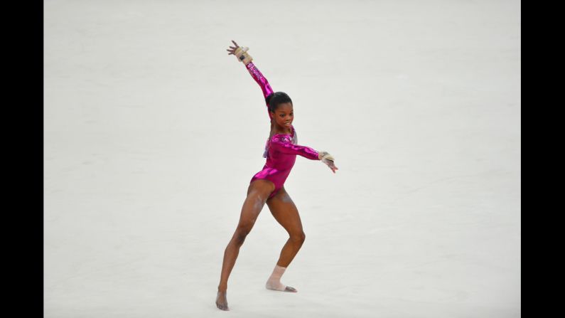 Gymnast Gabrielle Douglas performs in the floor exercise at the North Greenwich Arena.