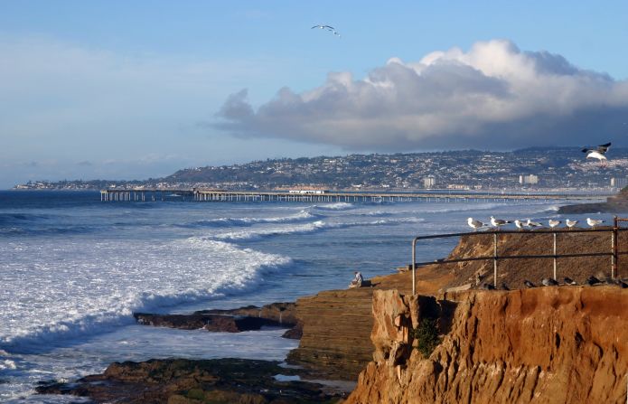 When she was in high school in the San Diego neighborhood of Point Loma, the author would hike down Sunset Cliffs (shown here) to get to the beach. 