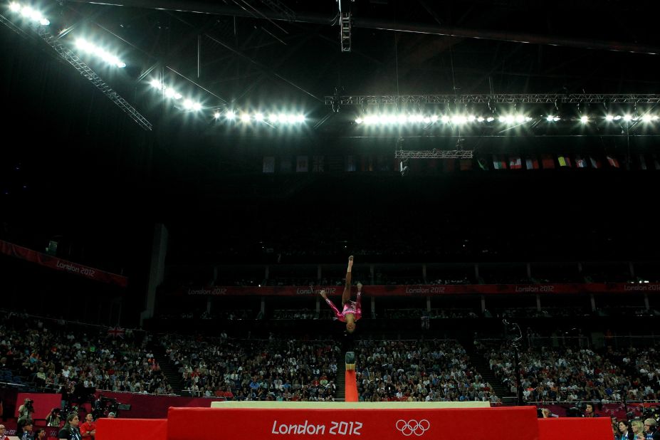 Gymnast Gabby Douglas of the United States competes on the balance beam in the women's individual all-around final on Day 6 of the London 2012 Olympics.