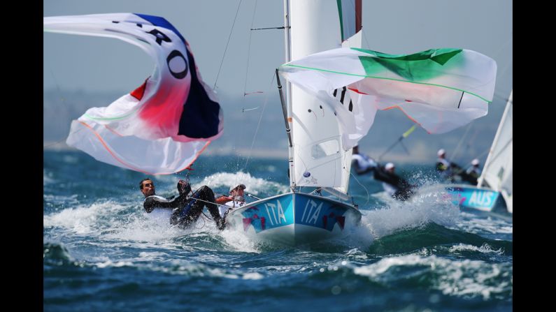 Pietro Zucchetti, left, and Gabrio Zandona of Italy compete in the men's 470 sailing in Weymouth, England.