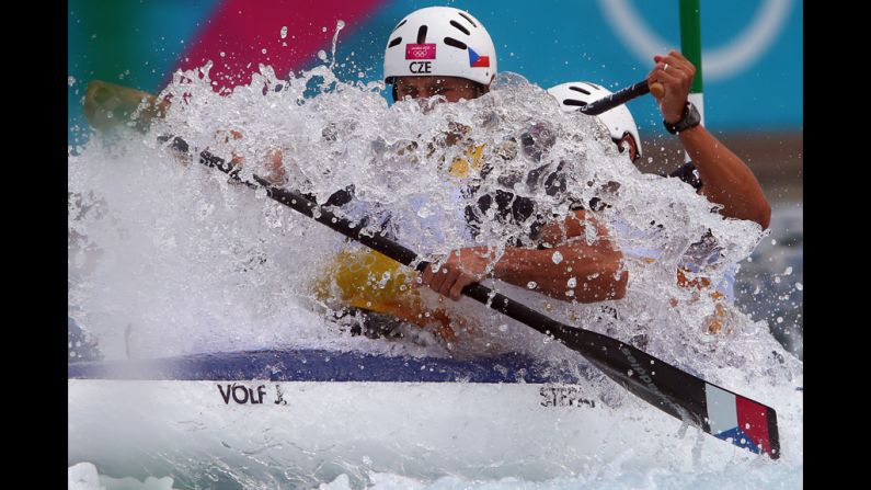 Jaroslav Volf, left, and Ondrej Stepanek of Czech Republic compete during the men's canoe double slalom.