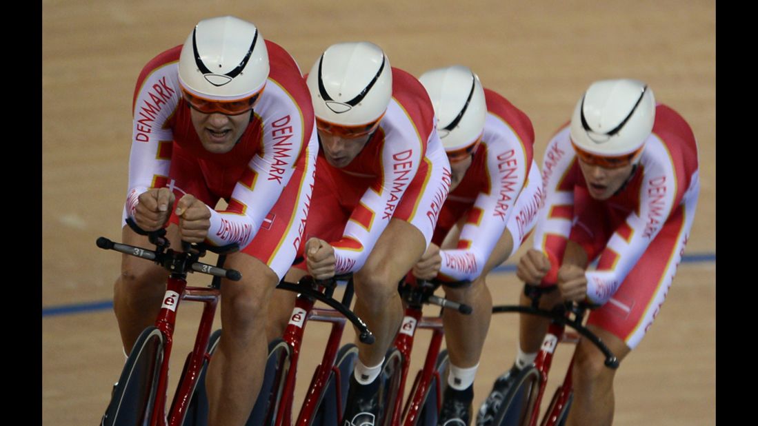 The Danish team competes during the men's 4000-meter team pursuit qualifying round of the track cycling event.