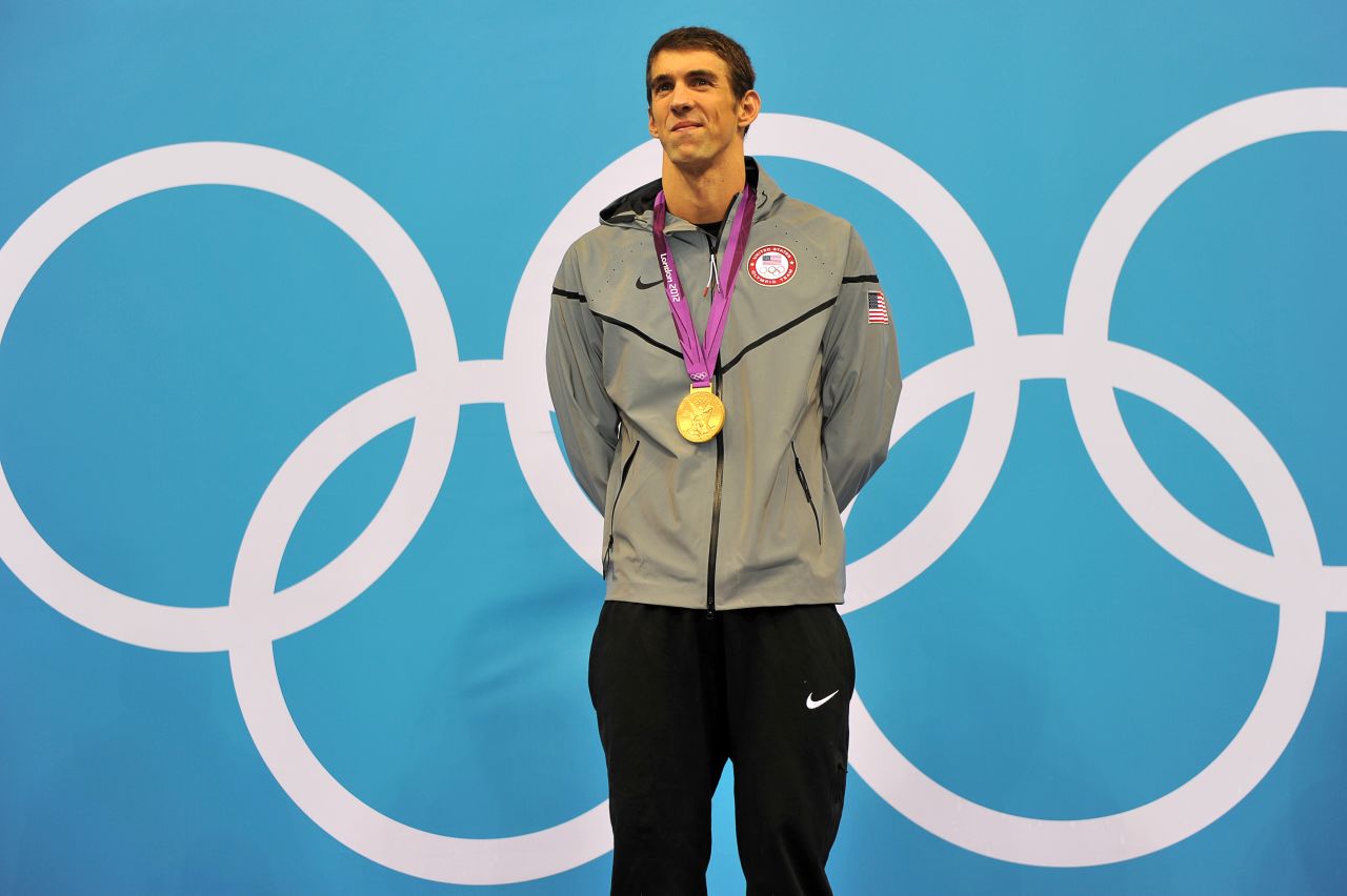 U.S. swimmer Michael Phelps on the podium after winning the men's 200-meter individual medley in the London Olympics.