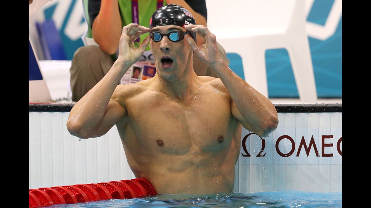 Phelps reacts to winning gold in the 200-meter Individual medley.