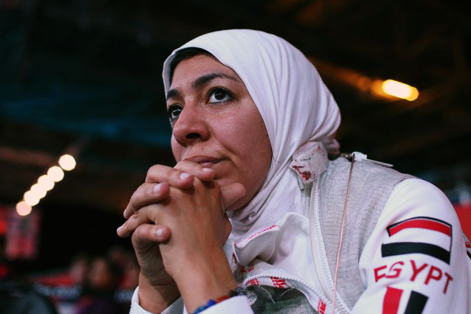 Shaimaa Elgammal of Egypt watches from the sidelines during a women's foil team fencing round against Great Britain on Thursday.