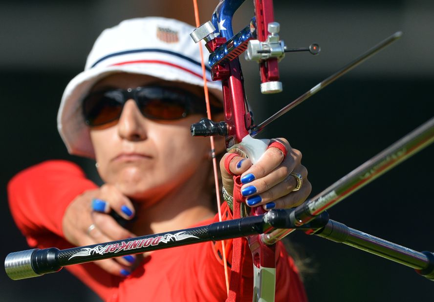 Khatuna Lorig of the United States takes a shot in the women's individual 1/8 elimination archery event.