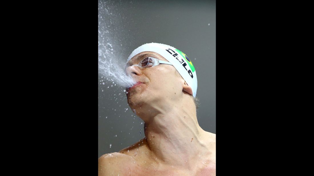 Cesar Cielo of Brazil reacts after finishing in the men's 50-meter freestyle heat eight.