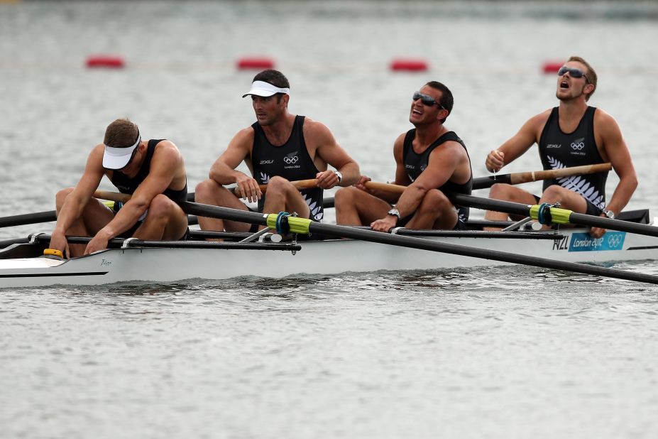 New Zealand's Chris Harris, Sean O'Neill, Jade Uru and Tyson Williams react after finishing the men's four semifinal rowing event in Windsor, England.