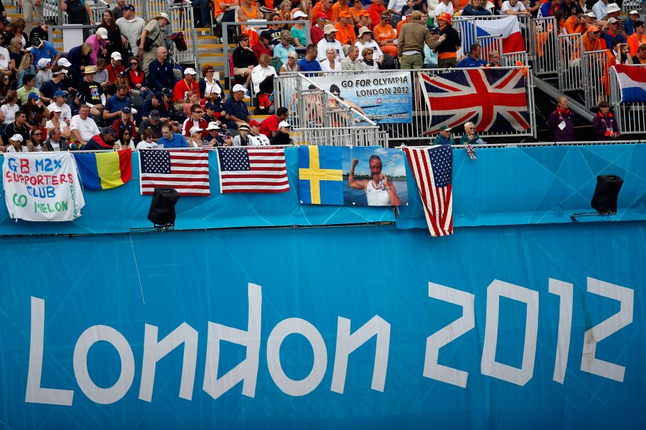 Fans fill the stands for rowing events at Eton Dorney in Windsor, England. 