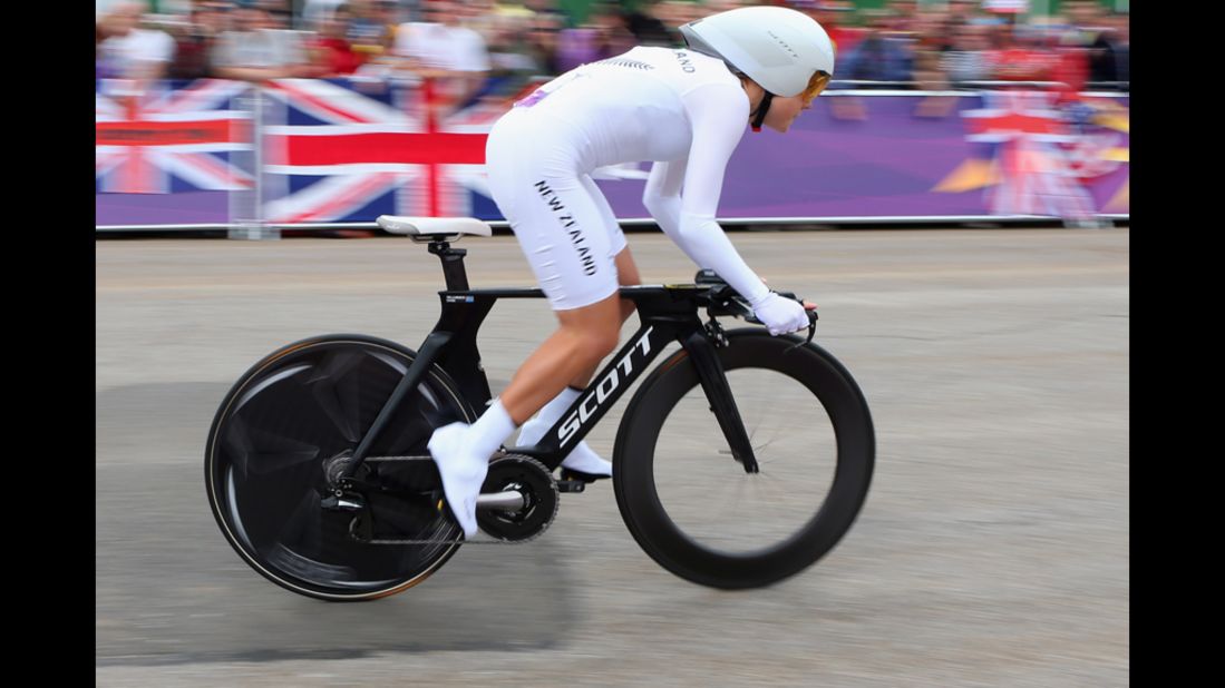 New Zealand's Linda Melanie Villumsen in action during the women's individual time trial road cycling in London.