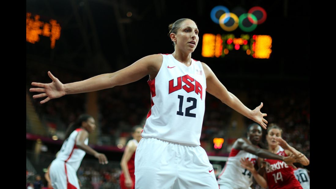 Diana Taurasi of the United States defends the inbound pass in the women's basketball preliminary round against Turkey.