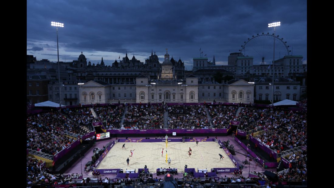 A general view of the beach volleyball competition at Horse Guards Parade in London.