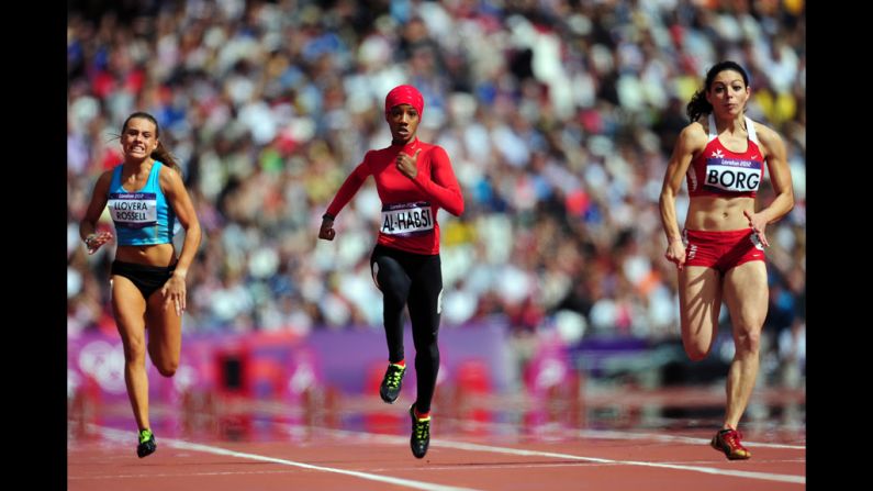 From left, Cristina Llovera of Andorra, Shinoona Salah Al-Habsi of Oman and Diane Borg of Malta compete in the women's 100-meter heats.