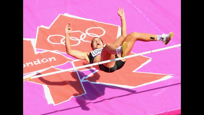 Sarah Cowley of New Zealand competes in the women's heptathlon high jump.