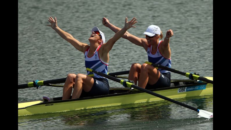 Katherine Grainger and Anna Watkins of Great Britain celebrate after winning gold in the women's double sculls final.