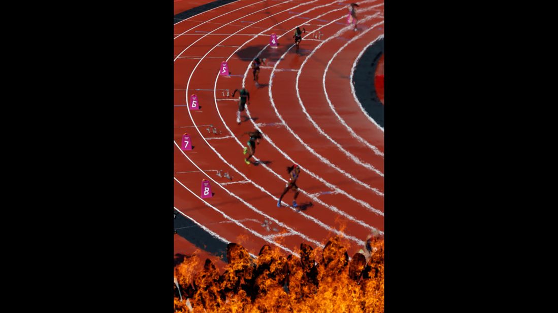Athletes compete in the women's 400-meter heats at Olympic Stadium.