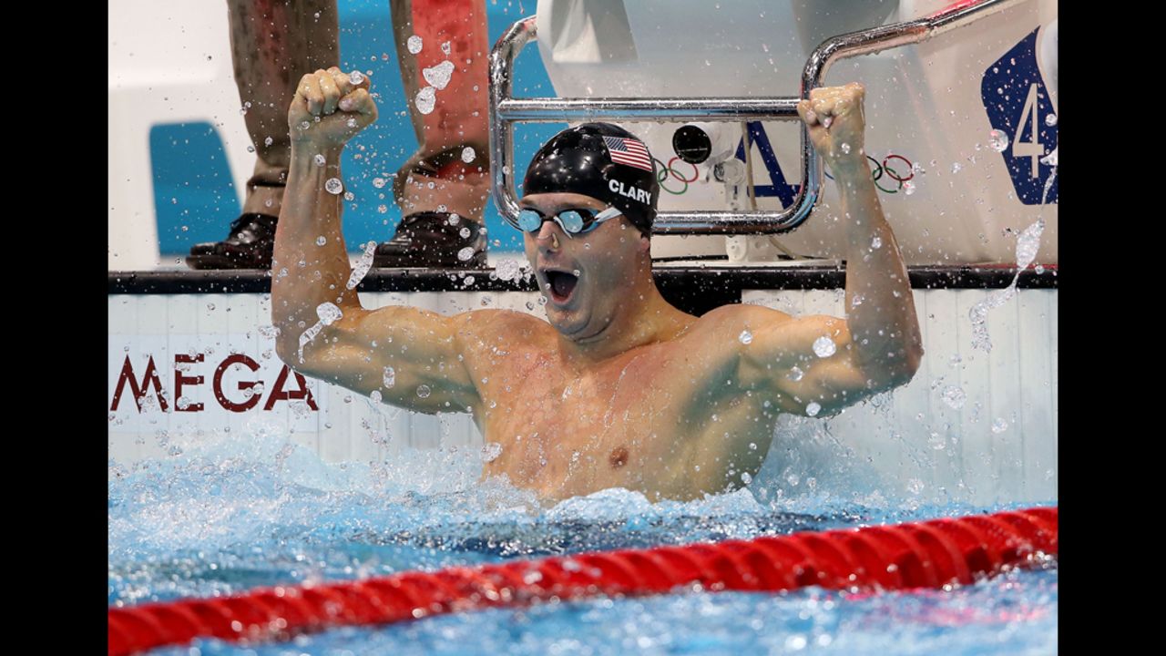 Tyler Clary reacts after winning the gold in the men's 200-meter backstroke final in London on Thursday, August 2.