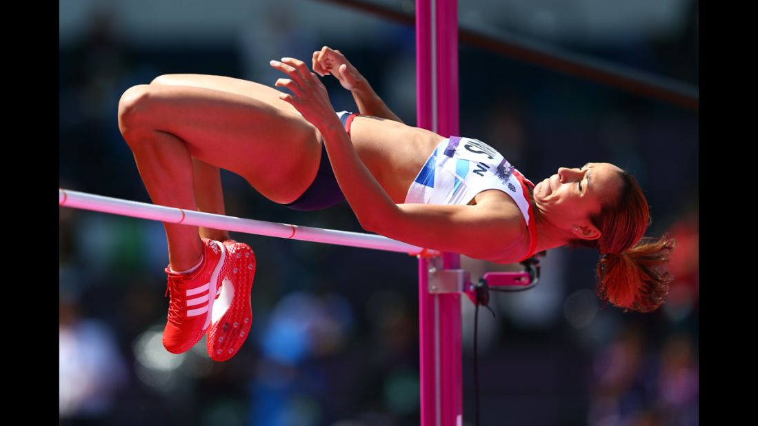 Jessica Ennis of Great Britain competes in the women's heptathlon high jump.