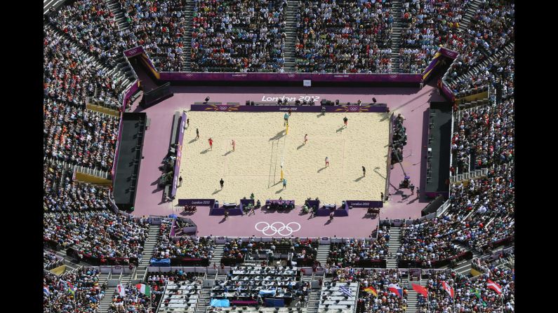 An aerial view shows the beach volleyball venue at Horse Guards Parade in London.