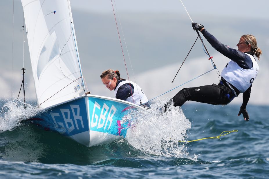 Britain's Hannah Mills, left, and Saskia Clark compete in the women's sailing 470 opening series.