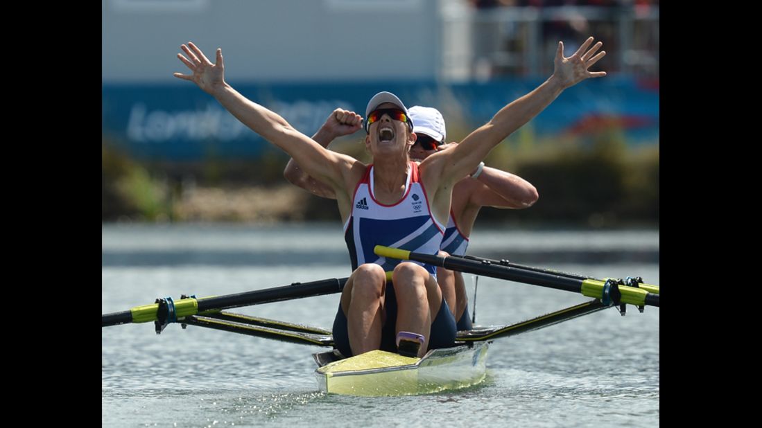 Britain's Katherine Grainger and Anna Watkins celebrate after winning gold in the women's double skulls.