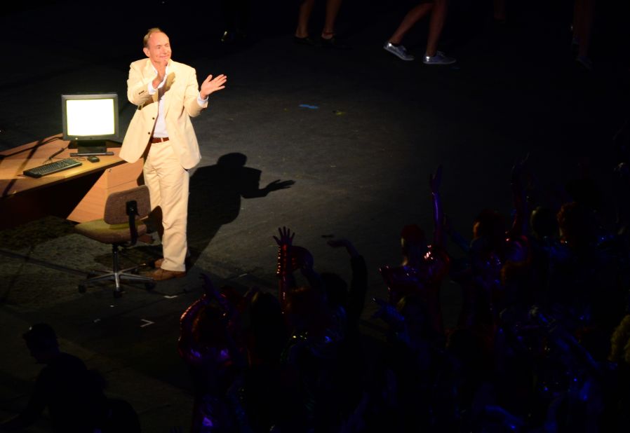 Berners-Lee addresses the stadium during his iconic performance at the 2012 London Olympics opening ceremony.