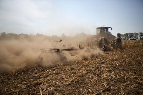 A tractor cuts down corn in a field designated as zero-yield on a farm in Vigo County, Indiana, on Tuesday, July 31. The U.S. Department of Agriculture has declared more than half the counties in the country natural disaster areas as drought sears millions of acres of pasture and cropland.