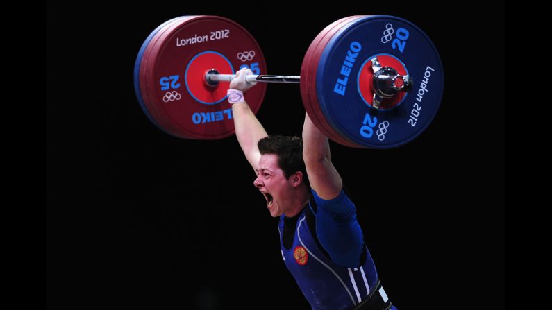Russia's Natalya Zabolotnaya competes in the women's 75-kilogram weightlifting final.