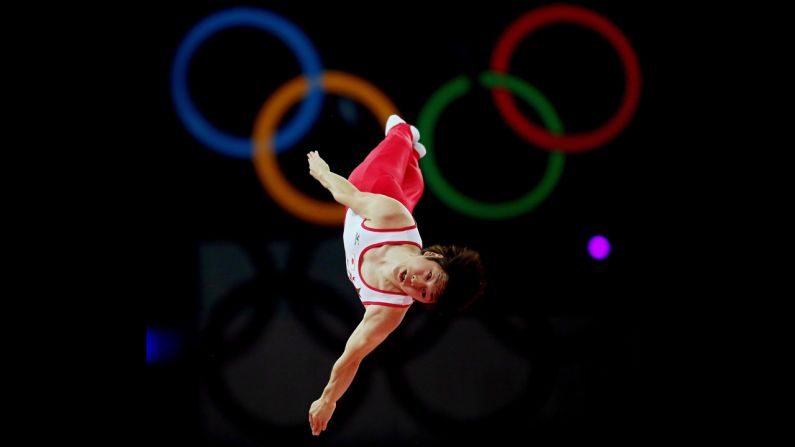 Yasuhiro Ueyama of Japan competes in the men's trampoline event.