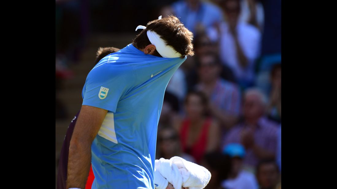 Argentina's Juan Martin del Potro reacts after his singles semifinal match against Switzerland's Roger Federer.