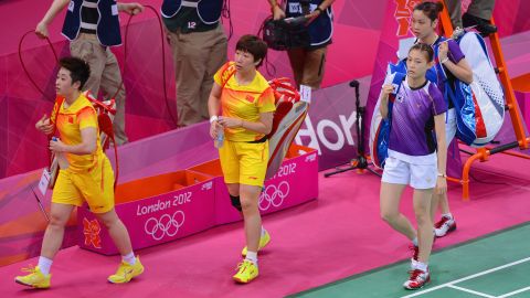 Wang Xiaoli and Yang Yu of China and Ha Na Kim and Kyung Eun Jung of South Korea at the London 2012 Games on July 31.