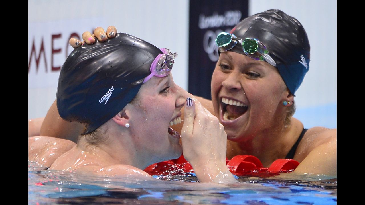 Missy Franklin, left, is congratulated by Elizabeth Beisel after winning gold and breaking the world record in the women's 200-meter backstroke final on Friday.