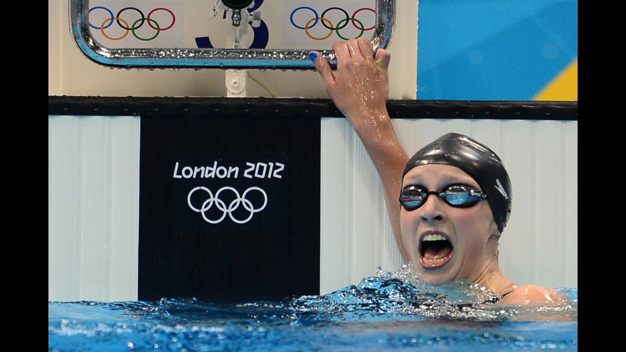 Fifteen-year-old Katie Ledecky reacts after winning the women's 800-meter freestyle final on Friday, August 3.