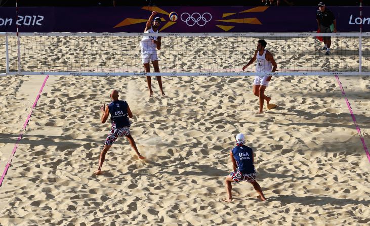 Daniele Lupo of Italy spikes the ball during the men's beach volleyball round of 16 match between the United States and Italy on Friday.