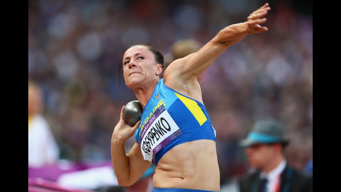 Lyudmyla Yosypenko of Ukraine competes in the women's heptathlon shot put on on Friday.
