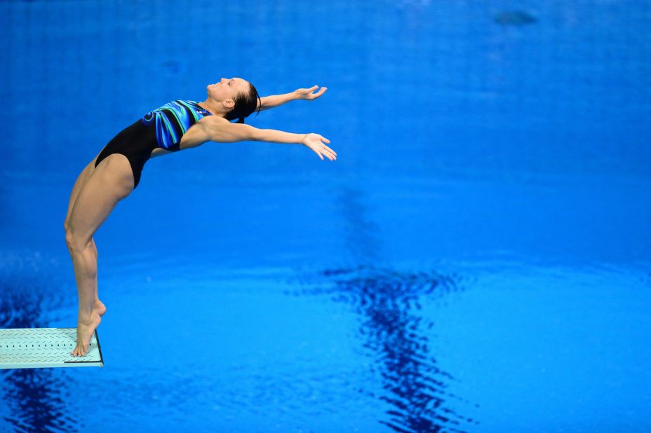 Russia's Nadezda Bazhina competes in the preliminary round of the women's 3-meter springboard diving event on Friday.