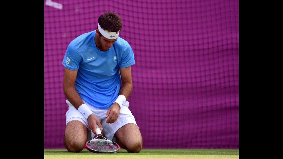 Argentina's Juan Martin del Potro reacts after losing the men's singles semi-final match against Switzerland's Roger Federer on Friday.