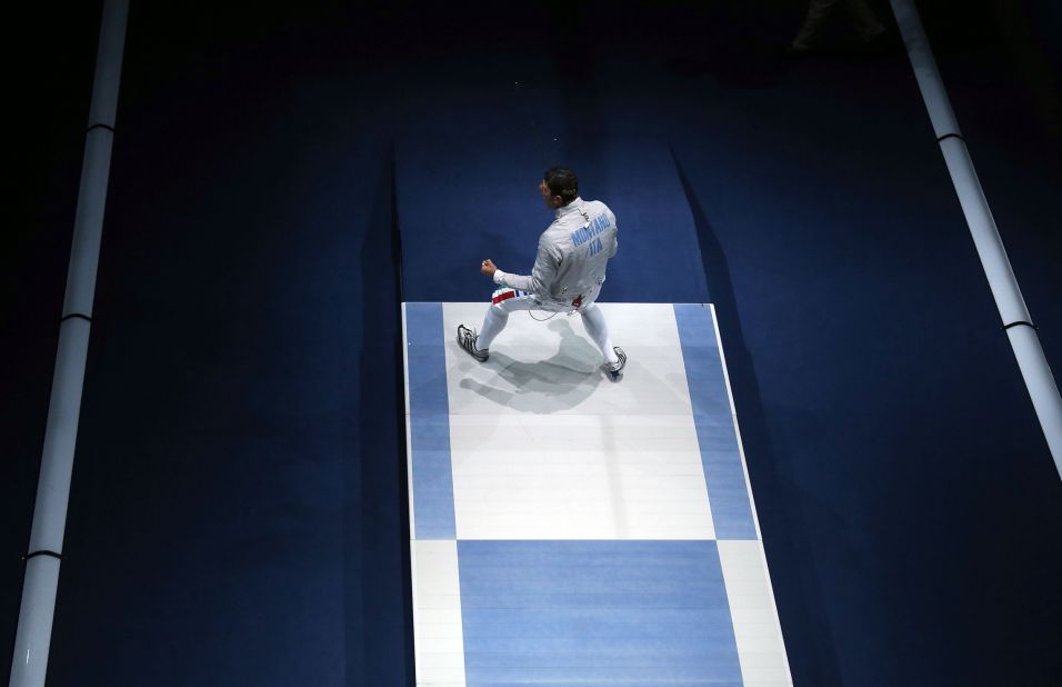 Aldo Montano of Italy reacts after winning the bronze medal by defeating Russia during the men's sabre team fencing on Friday.